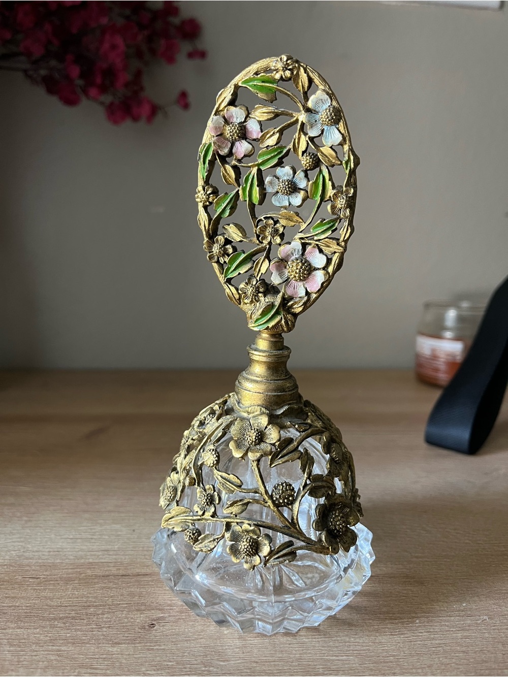Vintage Matson Gold Filigree Perfume Bottle Hand Painted Enamel Flowers (Rare)